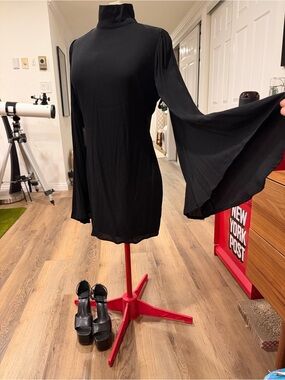 Dramatic Black Bell Sleeve Mini Dress
